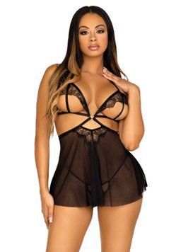 Сорочка беби-долл с открытыми чашками Leg Avenue Lace and mesh babydoll & panty Black M, стринги SO9164 фото
