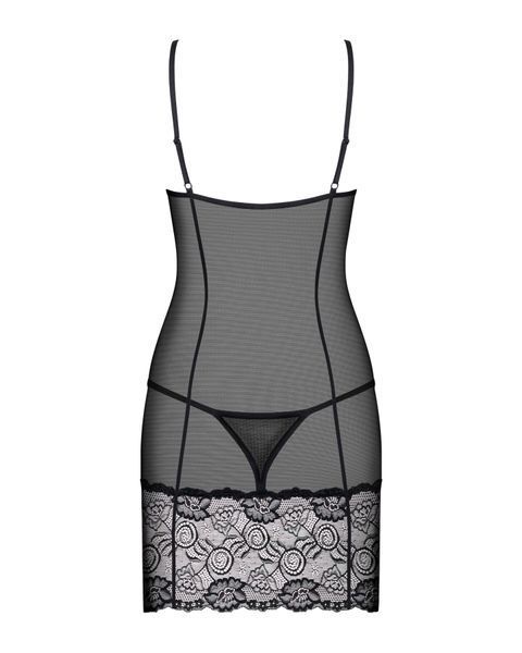 Сорочка Obsessive Alluria chemise & thong, S/M, чорна, мереживо+мікросітка, стрінги в комплекті SX1122 фото