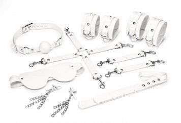 Набор Feral Feelings BDSM Kit 7 White, наручники, поножи, коннектор, маска, паддл, кляп, зажимы SX3982 фото