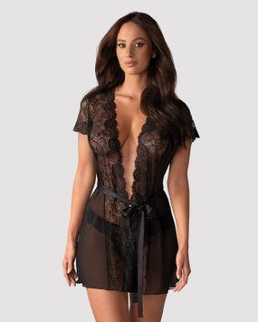 Пеньюар Obsessive Alluria peignoir & thong, L/XL, прозрачный, с кружевом, пояс, трусики в комплекте SX1125 фото