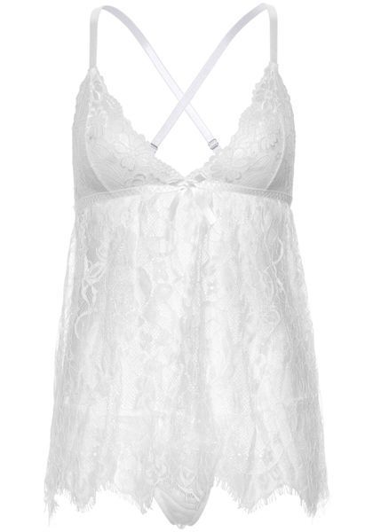 Сорочка беби-долл Leg Avenue Floral lace babydoll & string White L, стринги SO9174 фото