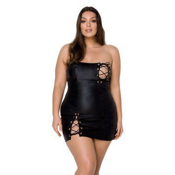 Мини-платье из экокожи Passion CELINE CHEMISE 6XL/7XL, black, шнуровка, трусики в комплекте SO7062 фото